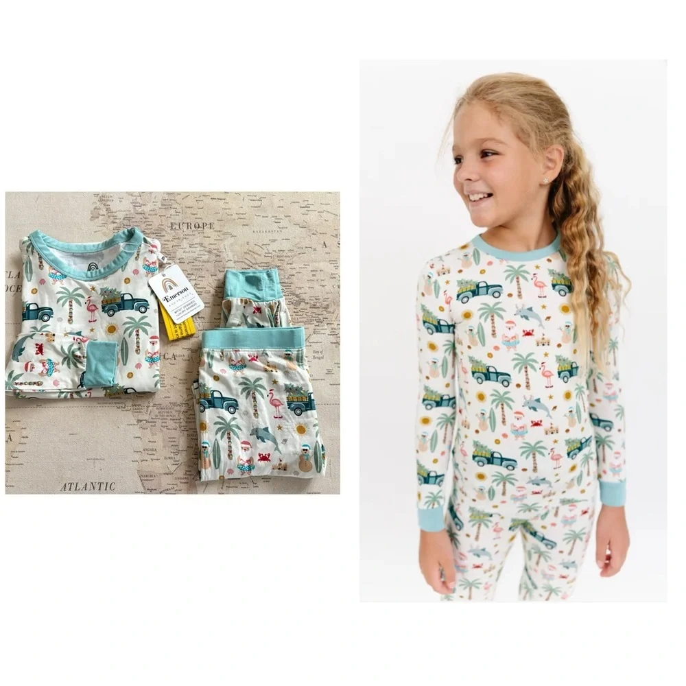 🆕Emerson & Friends Coastal Christmas Bamboo Pajamas Size 4/5 (Top) 6/7 Pants - Picture 1 of 8
